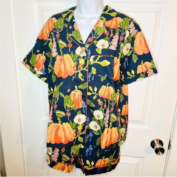 THEIR NIBS Fall Thanksgiving Pumpkin Patch Dreams Pajama Short Set Navy M NWT - Picture 4 of 12